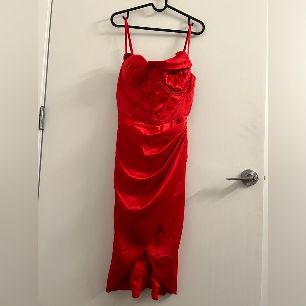 PARTHEA Wrap Hem Cowl Neck Satin Dress